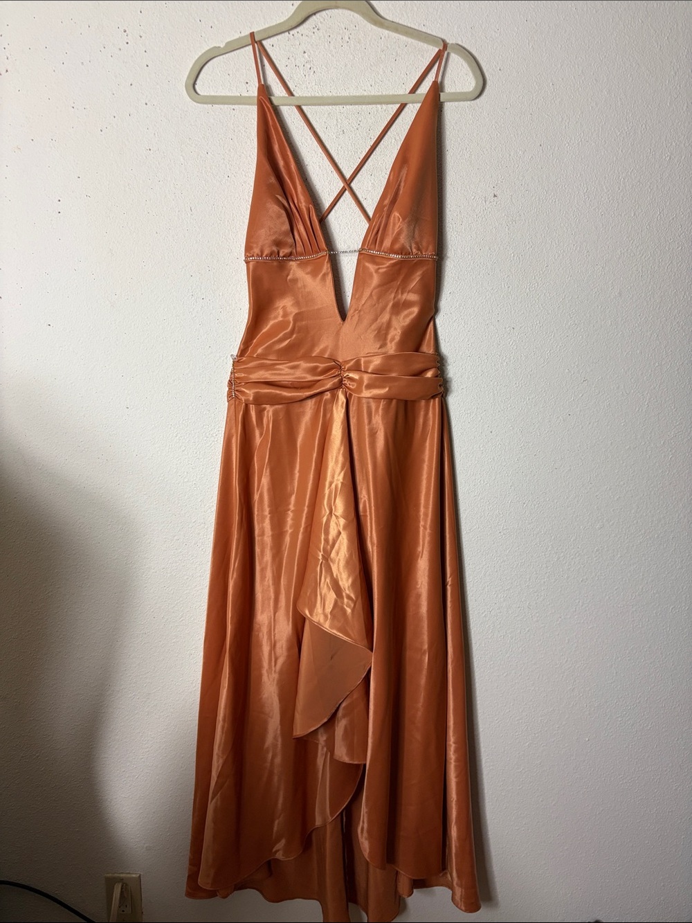 Satin V-Neck backless rhinestone trim Prom Dress in Copper Orange S